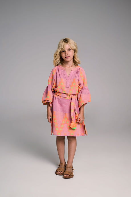 Girls' pink and orange kimono-style dress with long sleeves and waist tie.